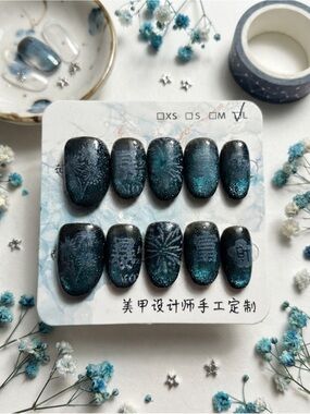 Handcrafted Press-On Nails - Teal Blue Floral Set